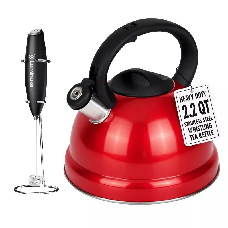 Whistling Tea Kettle & Milk Frother Set, 2.2qt Stainless Steel Stove Top Kettle & Handheld Milk Frother with Stand for Coffee, Matcha, and Cappuccino