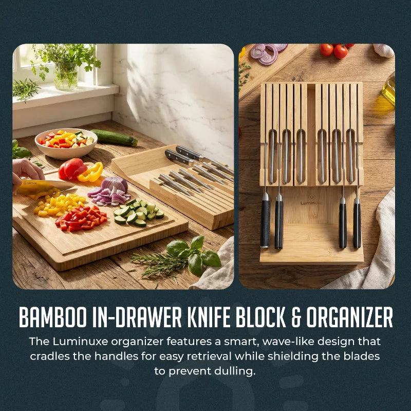Bamboo Knife Block Drawer Organizer, Nonslip, Durable In Drawer Wooden Knife Storage, Space Saving Kitchen Knife Organizer, Holds up to 12 Knives