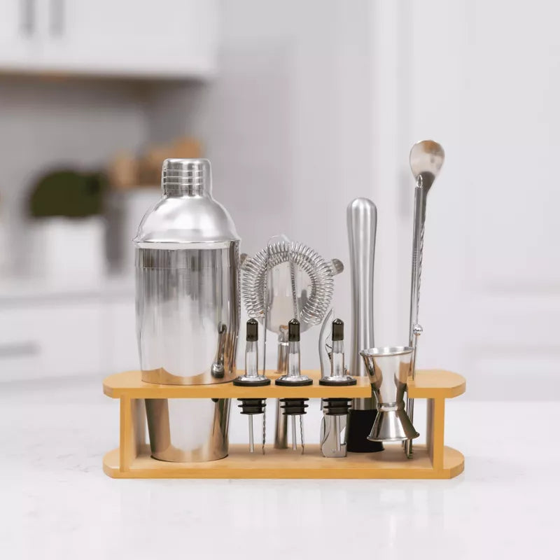 Cocktail Shaker Set Bartender Kit with Stylish Bamboo Stand 16 Piece Barware Mixing Tools, Bartending Kit Gift Set For Home Bar Party, Stainless Steel
