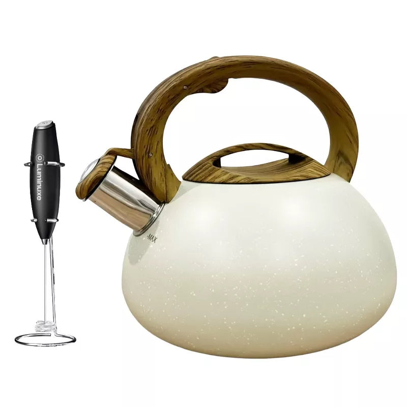 Whistling Tea Kettle & Milk Frother Set, 2.4qt Stainless Steel Whistling Tea Kettle & Handheld Frother, Foam Maker for Coffee, Latte and Matcha Drinks
