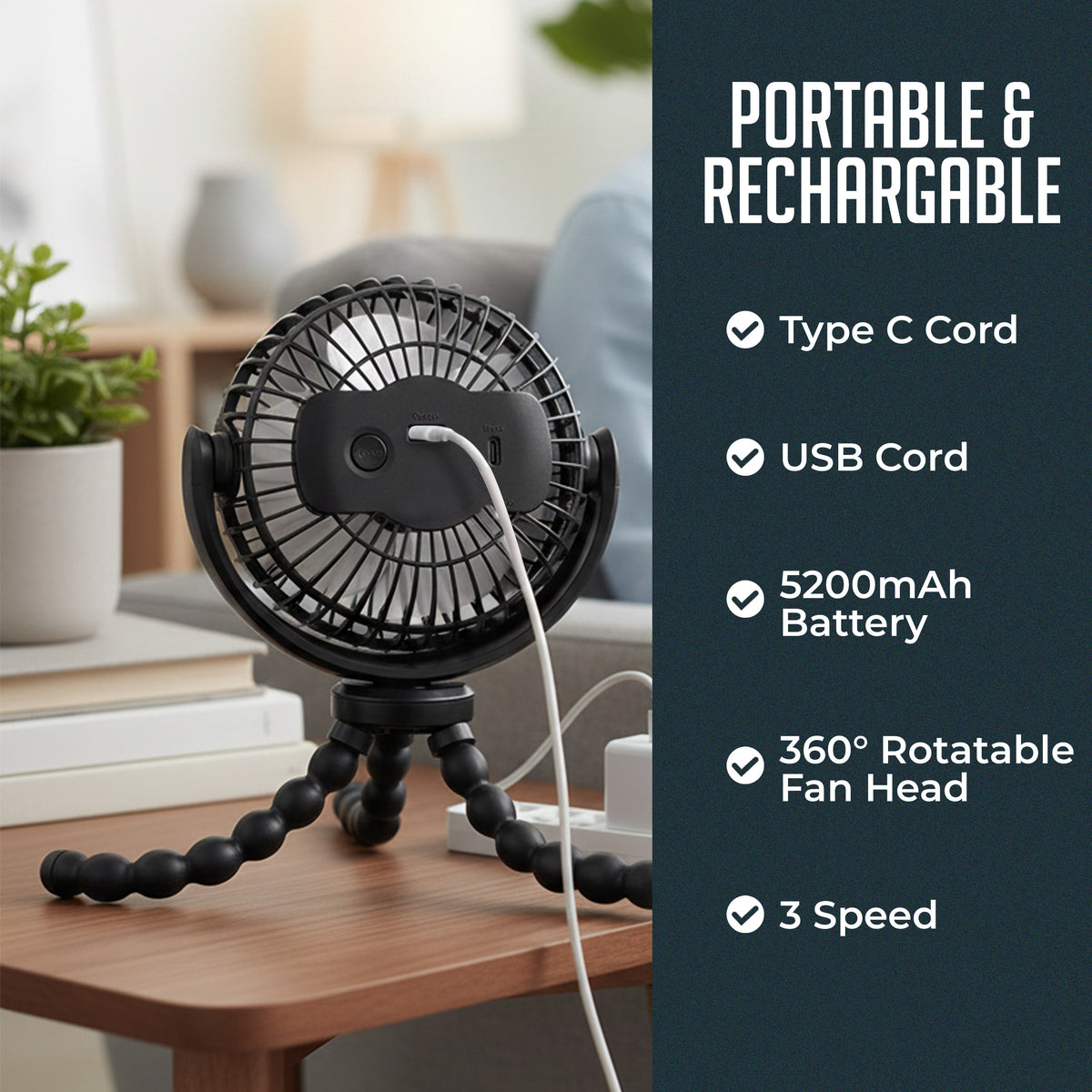 Portable Stroller Fan 3 Speed Rechargeable Flexible Tripod Clip-On Fan with Rotatable Design, for Car Seat, Crib, Bike, Treadmill, USB-C Wire Included