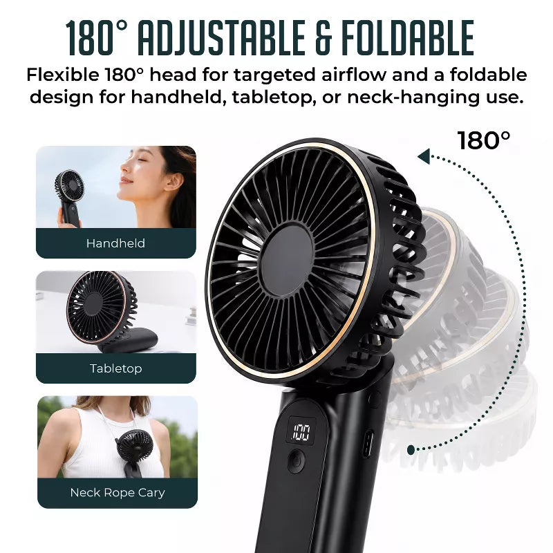 Portable Handheld Fan, USB Rechargeable Foldable Fan with 4000mAh Battery, Ultra Quiet 6-Speed Wind, LED Power Display, Mini Fan for Travel & Outdoors