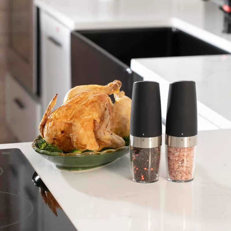 Gravity Electric Pepper and Salt Grinder Set – One-Handed Automatic Operation, Adjustable Coarseness, LED Light, Battery Powered, Ceramic Mechanism
