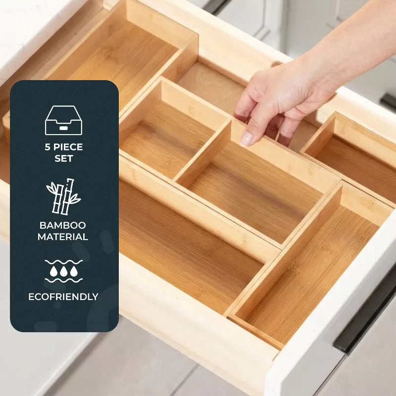 Bamboo Drawer Organizer Set, 5 Piece Non-Slip Versatile Storage Trays for Kitchen Utensils, Bathroom Essentials, Makeup & Jewelry Drawer Organizer Set