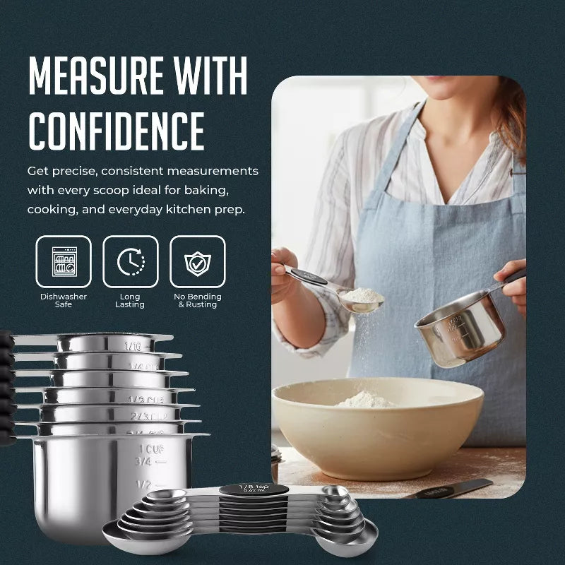 Stainless Steel Measuring Cups and Spoons Set, 16Pc Magnetic Nesting Measuring Cup and Spoon with Easy to Read Markings, Heavy duty, Dishwasher Safe