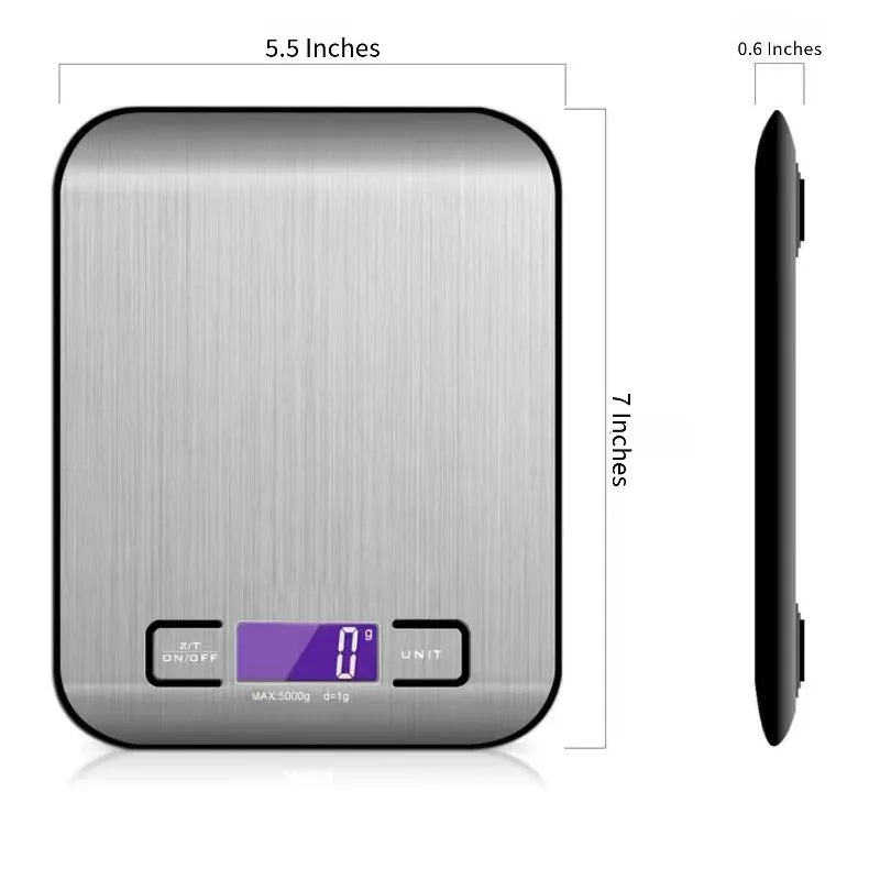 Digital Food Scale – 11 LB Capacity, Tare Function, Stainless Steel, LCD Display, 2 AAA Batteries Included, Ideal for Cooking, Baking, and Kitchen Use