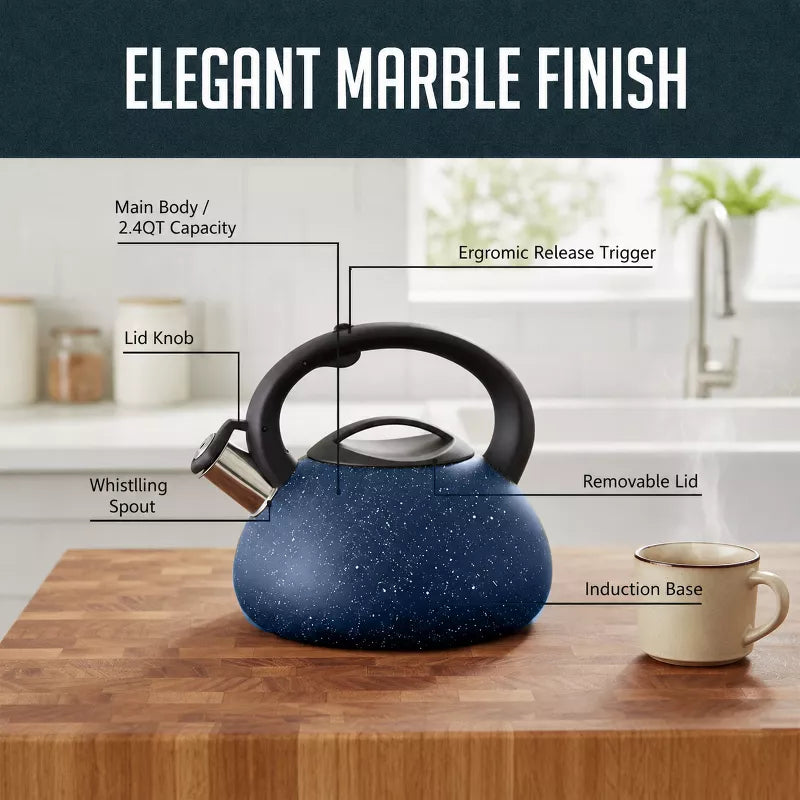 Stainless Steel Whistling Tea Kettle, 2.4qt Fast Boil Tea Pot with Heat Resistant Handle, Tapered Marble Finish, Durable Stovetop & Gas Tea Kettles
