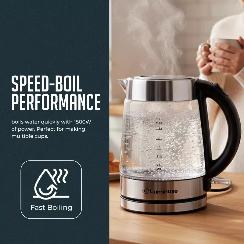 Luminuxe 1.7L Electric Kettle, Speed-Boil Glass Electric Water Boiler & Warmer Tea Heater, Auto Shut-Off Cool Touch Handle - Upgraded Version