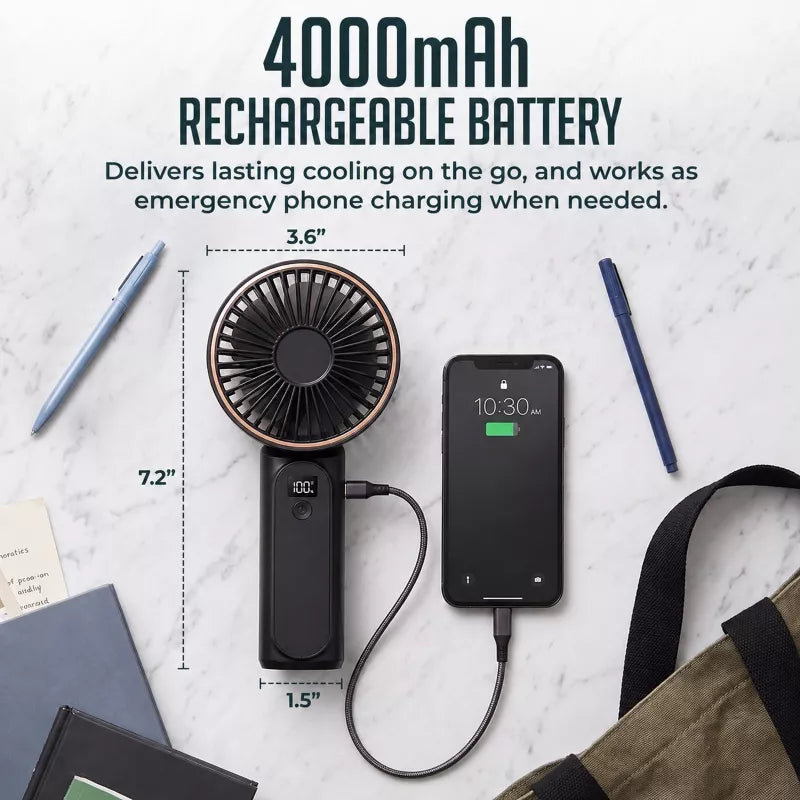 Portable Handheld Fan, USB Rechargeable Foldable Fan with 4000mAh Battery, Ultra Quiet 6-Speed Wind, LED Power Display, Mini Fan for Travel & Outdoors