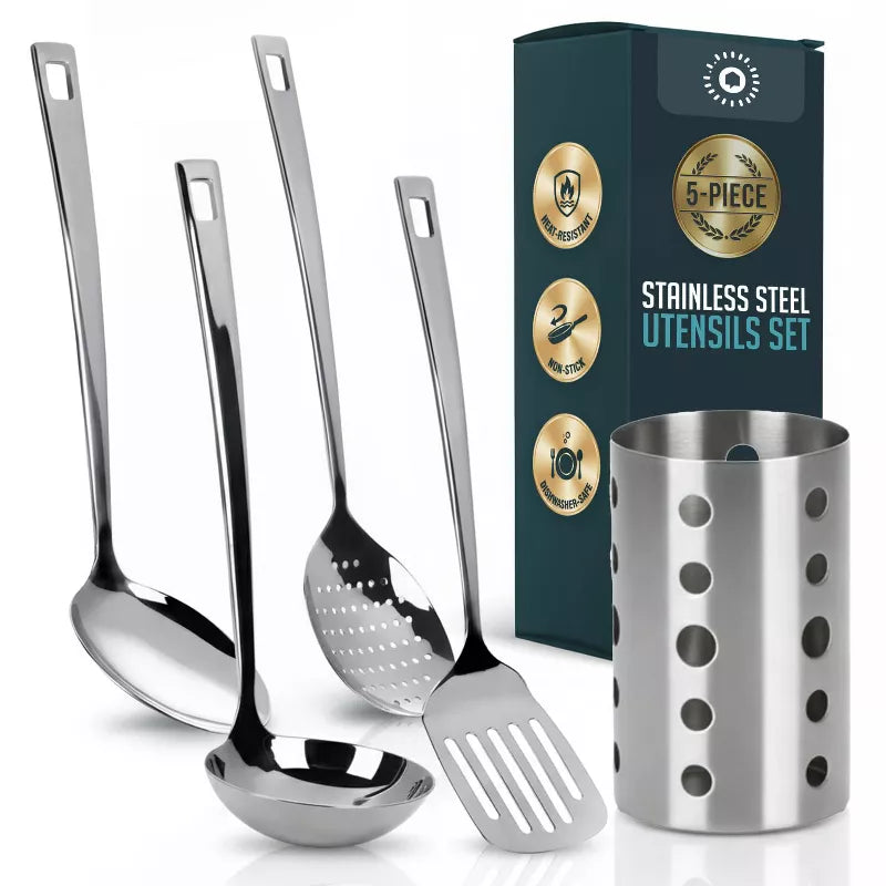 Stainless Steel Kitchen Utensil Set with Holder, 5-Piece Heat Resistant Kitchen Tools Set, Includes Ladle, Skimmer & Serving Spoon, Nonstick Cookware
