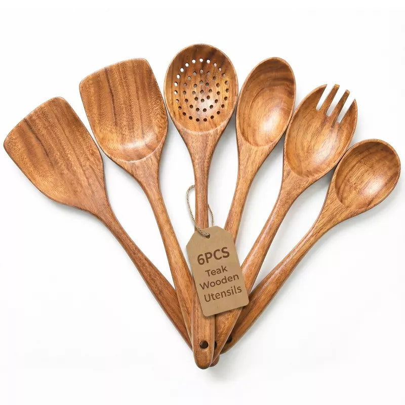 Premium Natural Teak Wood Kitchen Utensil Set, Spoons & Spatula Wooden Cooking Utensils Set, Non-Stick Hand Wash Kitchen Tool Set, 6 Piece Utensil Set