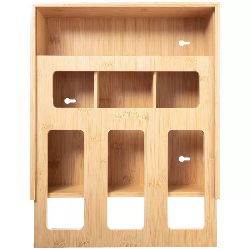 Bamboo Food Bag Storage Organizer for Kitchen Drawer, Durable, Non-Slip Plastic Bag Dispenser for Gallon, Quart, Sandwich & Snack Storage Organizer