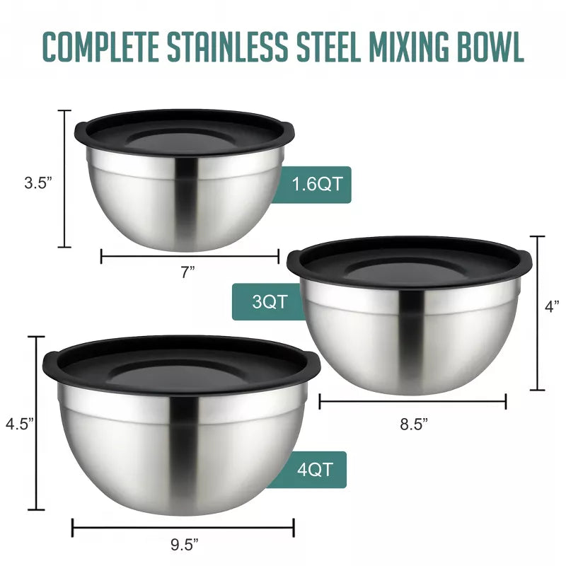 Mixing Bowls and Vegetable Chopper Set, 3pc Stainless Steel Nesting Mixing Bowls Set with Lids, 4-in-1 Vegetable Chopper and Spiralizer, Meal Prep Set