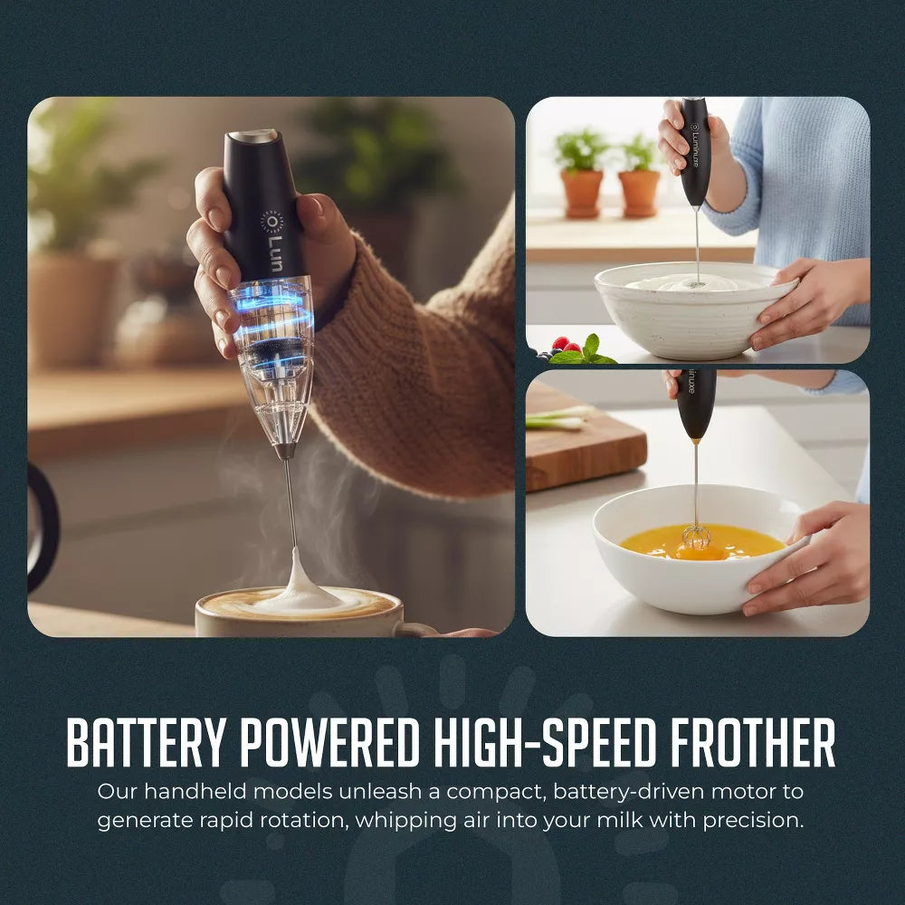 Luminuxe Milk Frother with Stand, Powerful Handheld Cordless Stainless Steel Frother, Foam Maker for Coffee, Cappuccino, Latte and Matcha Drinks