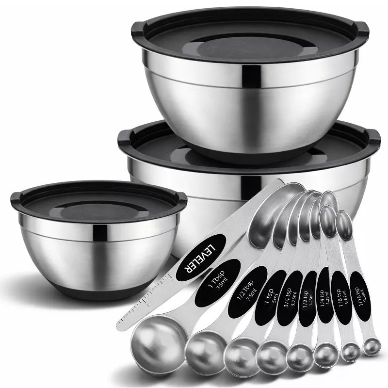 12 Piece Kitchen Mixing & Measuring Set, Stainless Steel Mixing Bowl with Lids and Nesting Magnetic Measuring Spoons for Baking & Cooking