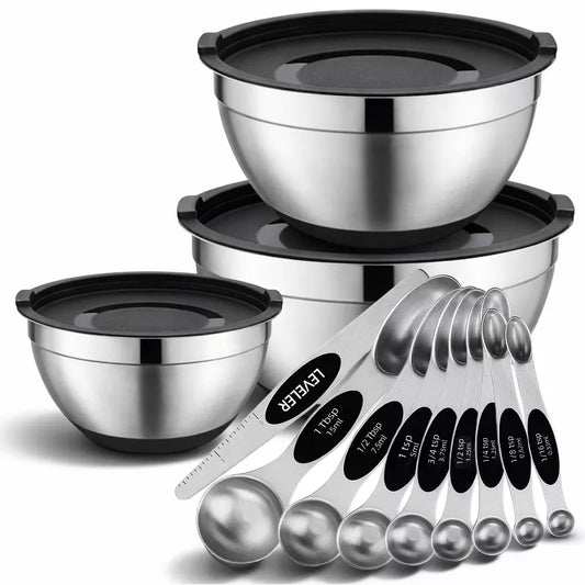 12 Piece Kitchen Mixing & Measuring Set, Stainless Steel Mixing Bowl with Lids and Nesting Magnetic Measuring Spoons for Baking & Cooking
