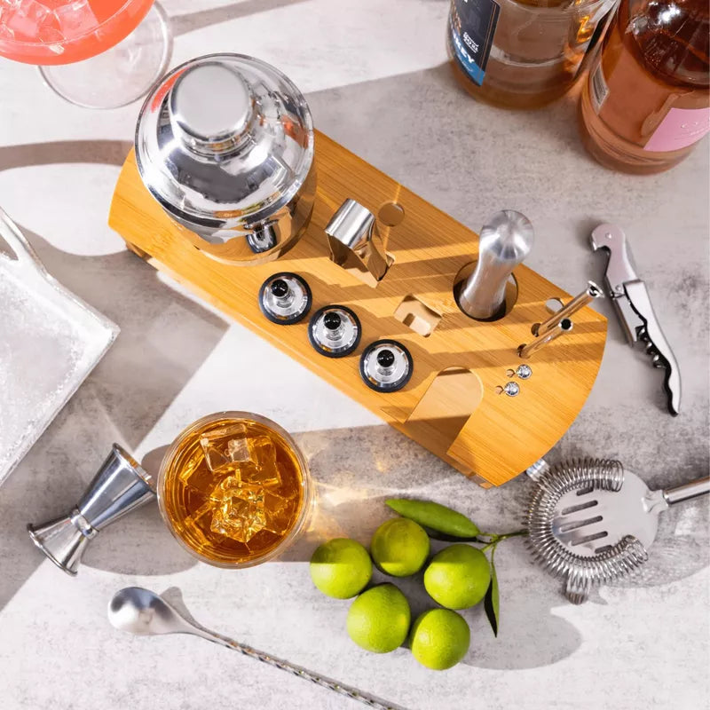 Cocktail Shaker Set Bartender Kit with Stylish Bamboo Stand 16 Piece Barware Mixing Tools, Bartending Kit Gift Set For Home Bar Party, Stainless Steel