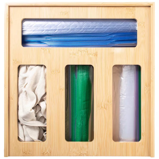 Bamboo Food Bag Storage Organizer for Kitchen Drawer, Durable, Non-Slip Plastic Bag Dispenser for Gallon, Quart, Sandwich & Snack Storage Organizer