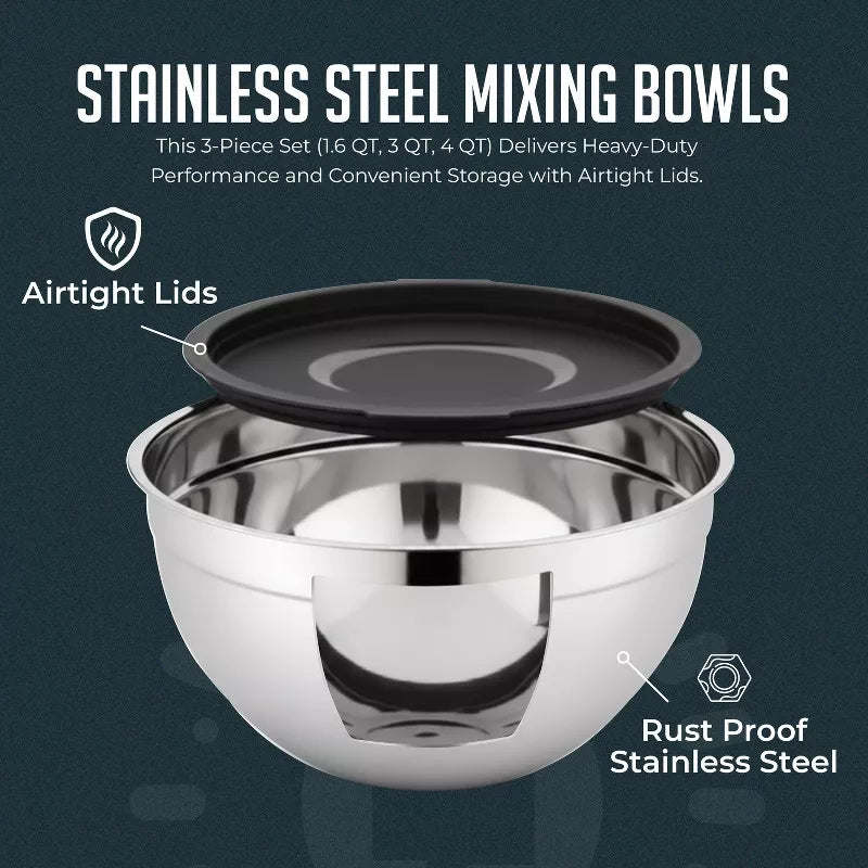 Mixing Bowls and Vegetable Chopper Set, 3pc Stainless Steel Nesting Mixing Bowls Set with Lids, 4-in-1 Vegetable Chopper and Spiralizer, Meal Prep Set