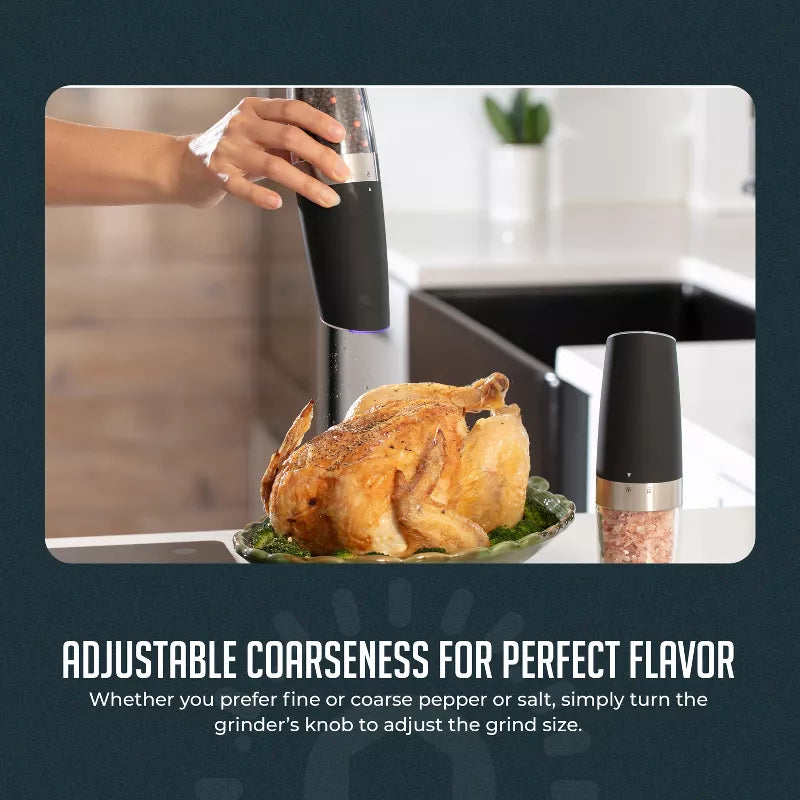 Gravity Electric Pepper and Salt Grinder Set – One-Handed Automatic Operation, Adjustable Coarseness, LED Light, Battery Powered, Ceramic Mechanism