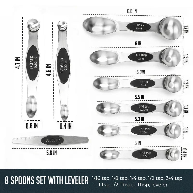 Magnetic Measuring Spoons with Leveler Set, Dual Sided Stainless Steel, Strong N40 Magnets Nesting Measuring Spoon for Baking & Cooking