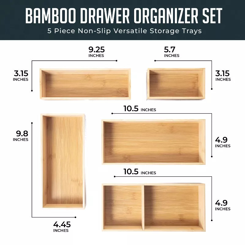 Bamboo Drawer Organizer Set, 5 Piece Non-Slip Versatile Storage Trays for Kitchen Utensils, Bathroom Essentials, Makeup & Jewelry Drawer Organizer Set