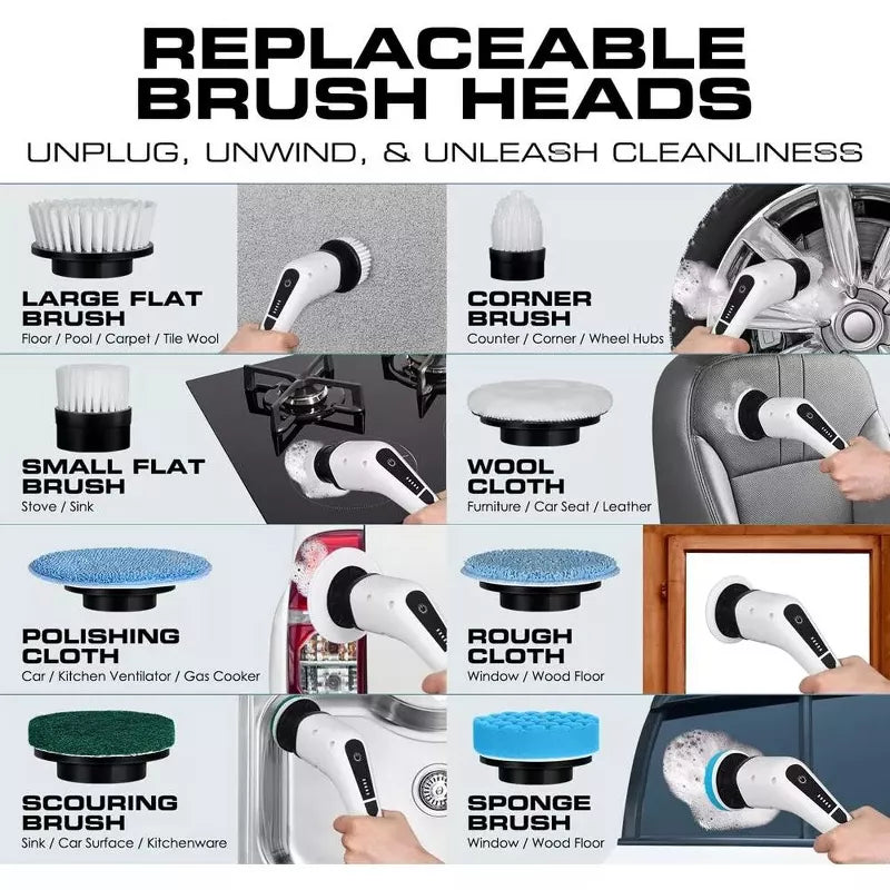 Electric Spin Scrubber Cleaning Brush 8 In 1 Shower Scrubber Adjustable Handle. For Windows, Bathrooms, Cars. Luminuxe