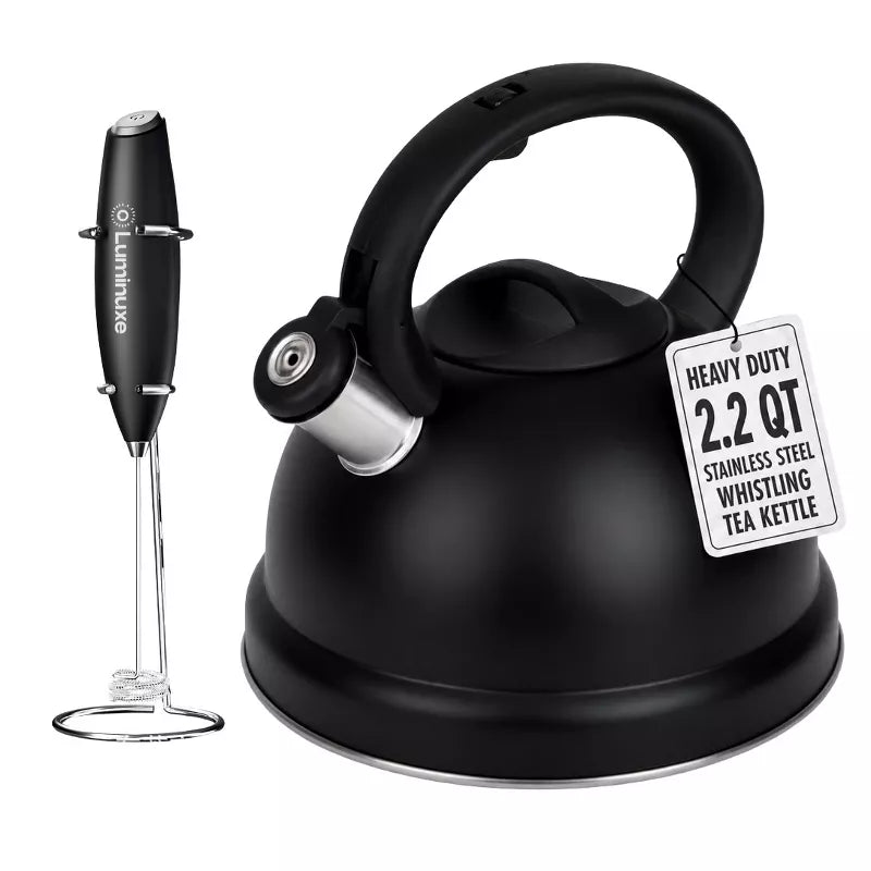 Whistling Tea Kettle & Milk Frother Set, 2.2qt Stainless Steel Stove Top Kettle & Handheld Milk Frother with Stand for Coffee, Matcha, and Cappuccino