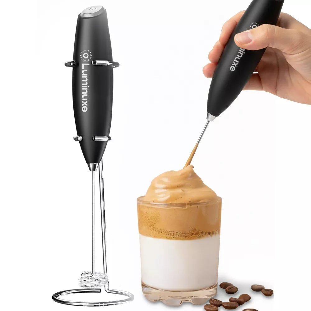 Luminuxe Milk Frother with Stand, Powerful Handheld Cordless Stainless Steel Frother, Foam Maker for Coffee, Cappuccino, Latte and Matcha Drinks