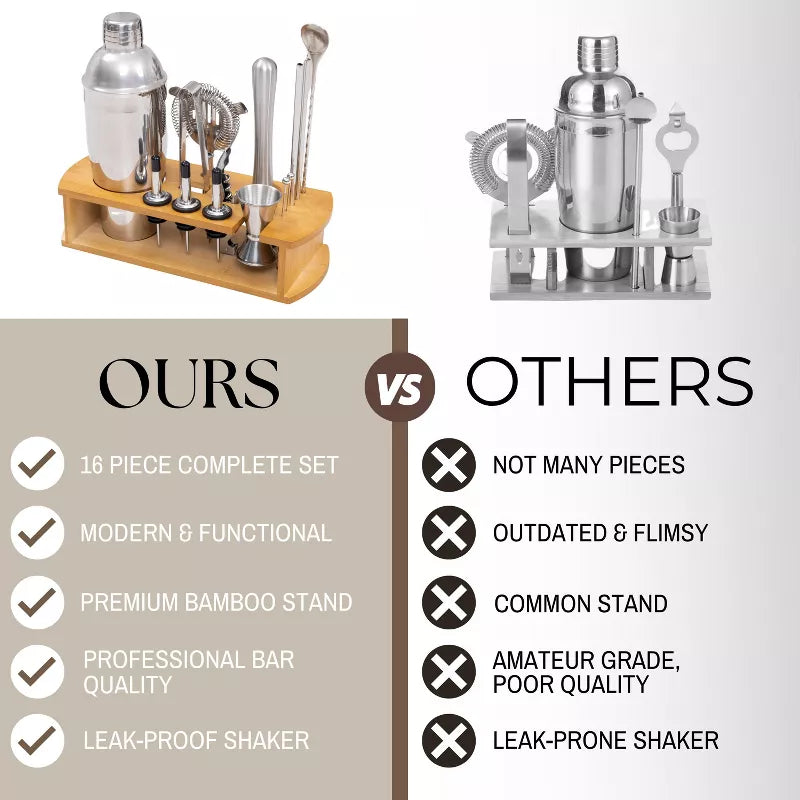 Cocktail Shaker Set Bartender Kit with Stylish Bamboo Stand 16 Piece Barware Mixing Tools, Bartending Kit Gift Set For Home Bar Party, Stainless Steel
