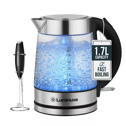 Electric Kettle & Milk Frother Set, Speed-Boil Glass Electric Water Heater with Cool Touch Handle, Cordless Milk Frother for Coffee, Cappuccino Drinks