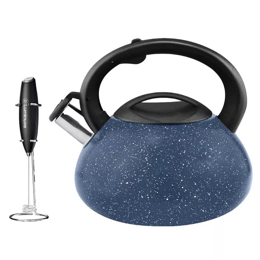 Whistling Tea Kettle & Milk Frother Set, 2.4qt Stainless Steel Whistling Tea Kettle & Handheld Frother, Foam Maker for Coffee, Latte and Matcha Drinks