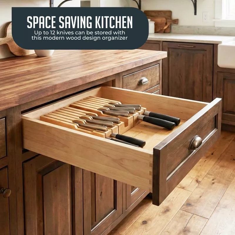 Bamboo Knife Block Drawer Organizer, Nonslip, Durable In Drawer Wooden Knife Storage, Space Saving Kitchen Knife Organizer, Holds up to 12 Knives