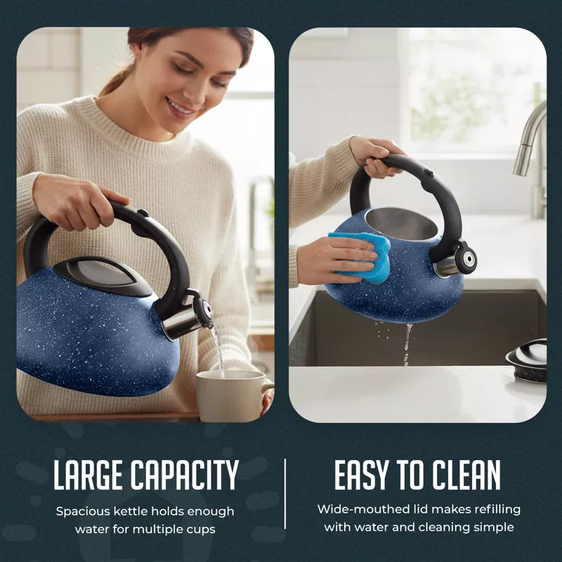 Stainless Steel Whistling Tea Kettle, 2.4qt Fast Boil Tea Pot with Heat Resistant Handle, Tapered Marble Finish, Durable Stovetop & Gas Tea Kettles
