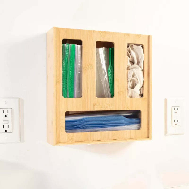 Bamboo Food Bag Storage Organizer for Kitchen Drawer, Durable, Non-Slip Plastic Bag Dispenser for Gallon, Quart, Sandwich & Snack Storage Organizer
