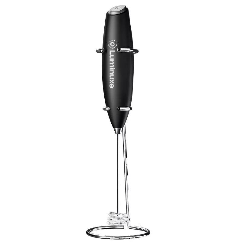 Luminuxe Milk Frother with Stand, Powerful Handheld Cordless Stainless Steel Frother, Foam Maker for Coffee, Cappuccino, Latte and Matcha Drinks