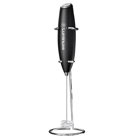 Luminuxe Milk Frother with Stand, Powerful Handheld Cordless Stainless Steel Frother, Foam Maker for Coffee, Cappuccino, Latte and Matcha Drinks