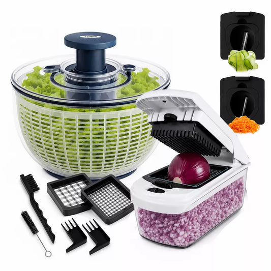 Salad Spinner with Vegetable Chopper Set, 5.3 Qt Salad Spinner, 4-in-1 Multipurpose Vegetable Chopper and Spiralizer, Salad Spinner Chopper Set