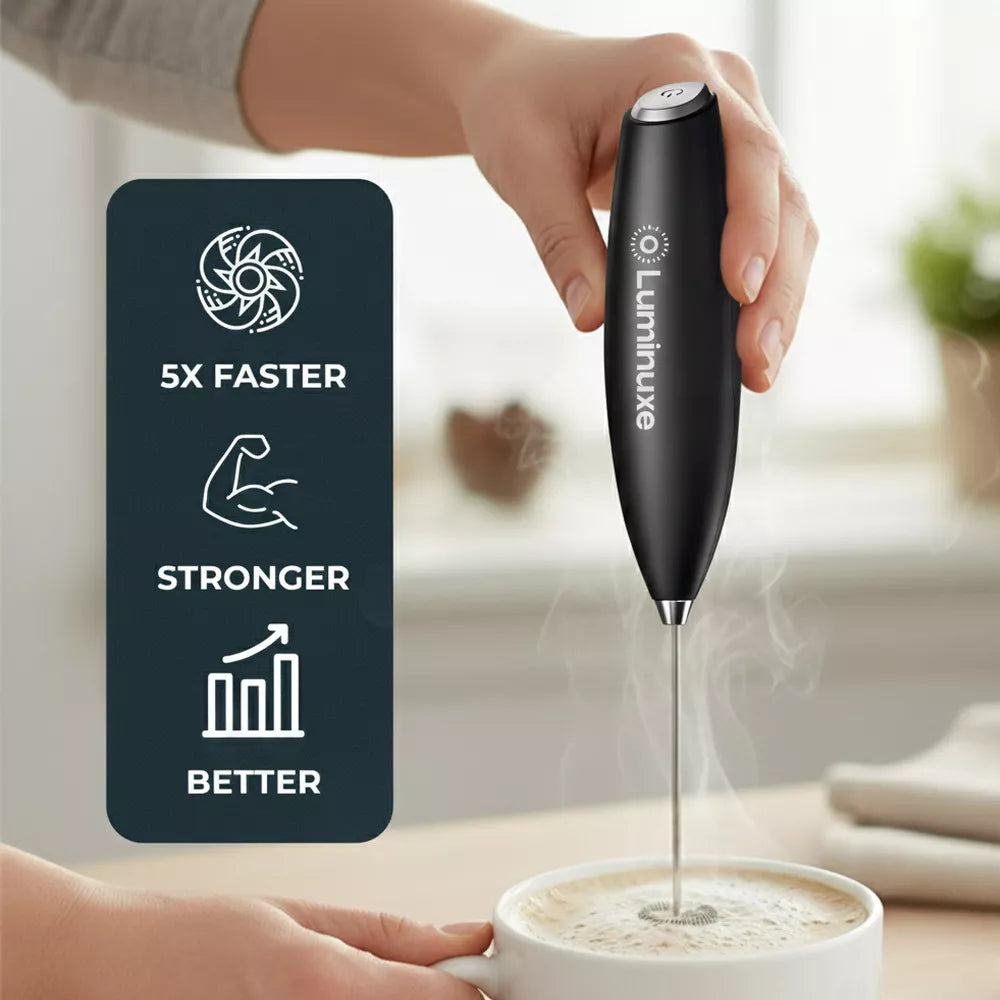 Luminuxe Milk Frother with Stand, Powerful Handheld Cordless Stainless Steel Frother, Foam Maker for Coffee, Cappuccino, Latte and Matcha Drinks