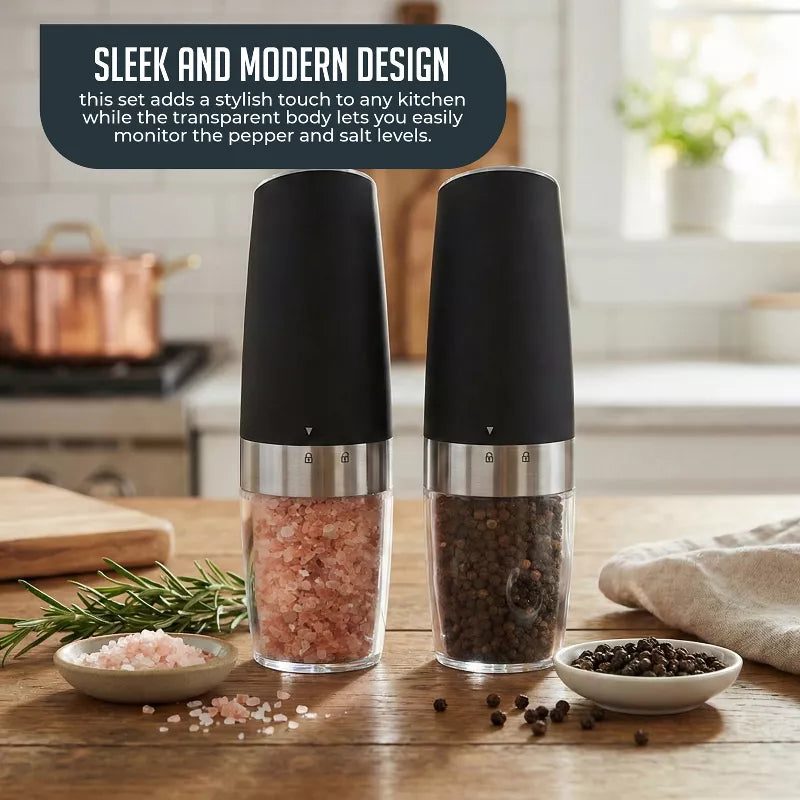 Gravity Electric Pepper and Salt Grinder Set – One-Handed Automatic Operation, Adjustable Coarseness, LED Light, Battery Powered, Ceramic Mechanism
