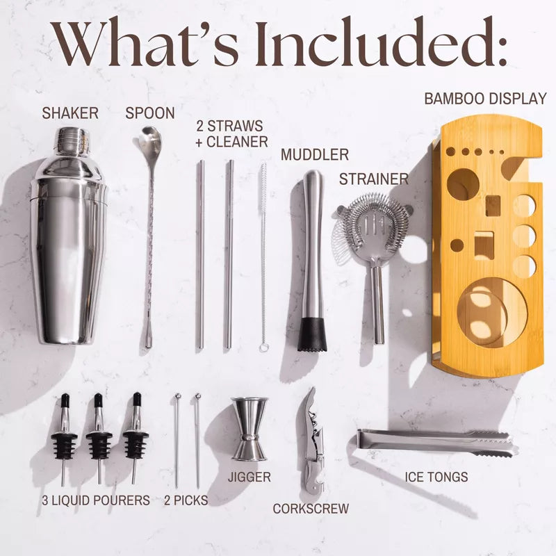 Cocktail Shaker Set Bartender Kit with Stylish Bamboo Stand 16 Piece Barware Mixing Tools, Bartending Kit Gift Set For Home Bar Party, Stainless Steel