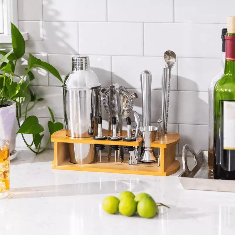 Cocktail Shaker Set Bartender Kit with Stylish Bamboo Stand 16 Piece Barware Mixing Tools, Bartending Kit Gift Set For Home Bar Party, Stainless Steel
