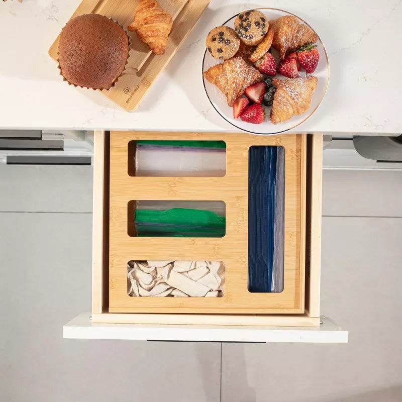 Bamboo Food Bag Storage Organizer for Kitchen Drawer, Durable, Non-Slip Plastic Bag Dispenser for Gallon, Quart, Sandwich & Snack Storage Organizer