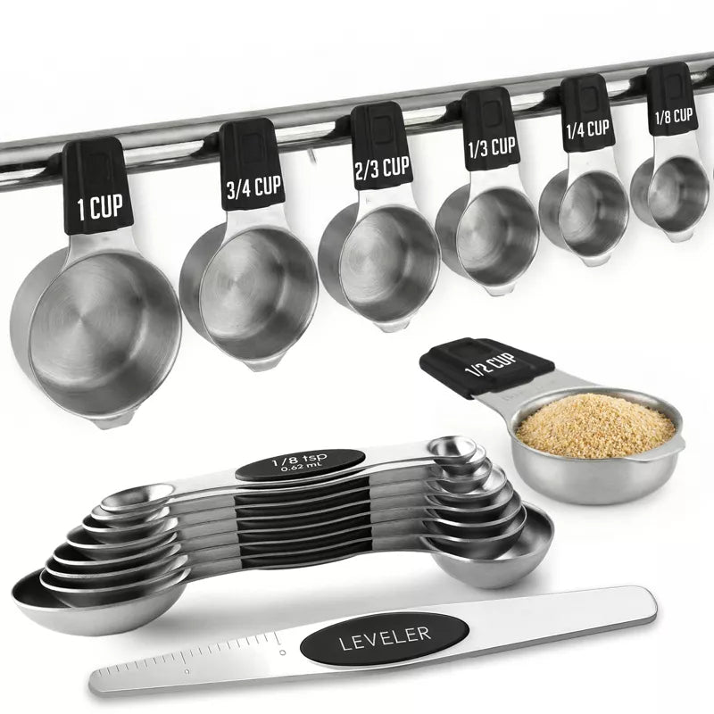 Stainless Steel Measuring Cups and Spoons Set, 16Pc Magnetic Nesting Measuring Cup and Spoon with Easy to Read Markings, Heavy duty, Dishwasher Safe