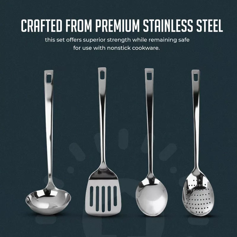 Stainless Steel Kitchen Utensil Set with Holder, 5-Piece Heat Resistant Kitchen Tools Set, Includes Ladle, Skimmer & Serving Spoon, Nonstick Cookware