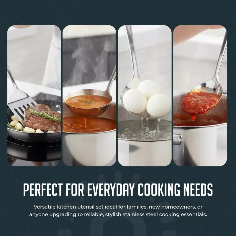 Stainless Steel Kitchen Utensil Set with Holder, 5-Piece Heat Resistant Kitchen Tools Set, Includes Ladle, Skimmer & Serving Spoon, Nonstick Cookware