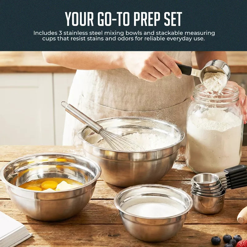 10 Piece Mixing Bowls & Measuring Cups Set, Stainless Steel Mixing Bowl with Lids, Magnetic Measuring Cups, Nonslip Nesting Bowls for Baking & Cooking