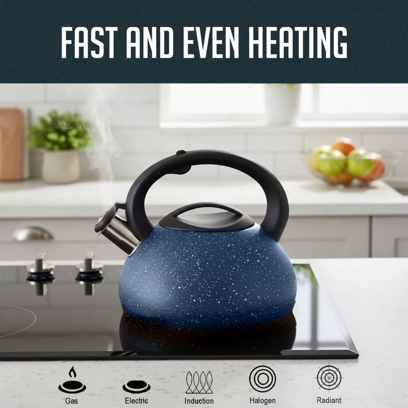 Stainless Steel Whistling Tea Kettle, 2.4qt Fast Boil Tea Pot with Heat Resistant Handle, Tapered Marble Finish, Durable Stovetop & Gas Tea Kettles