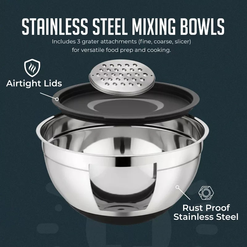 12 Piece Kitchen Mixing & Measuring Set, Stainless Steel Mixing Bowl with Lids and Nesting Magnetic Measuring Spoons for Baking & Cooking