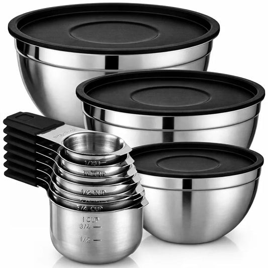 10 Piece Mixing Bowls & Measuring Cups Set, Stainless Steel Mixing Bowl with Lids, Magnetic Measuring Cups, Nonslip Nesting Bowls for Baking & Cooking